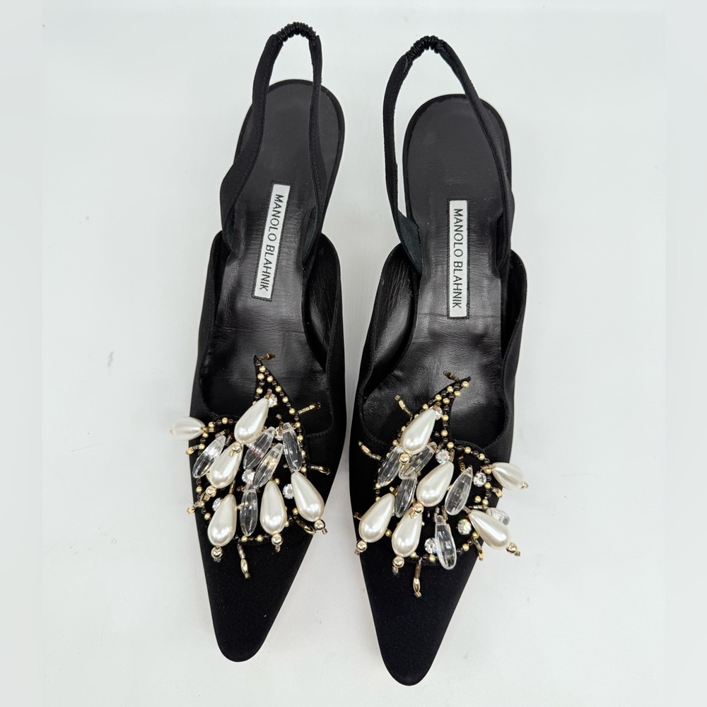 Manolo Blahnik Black Crepe Orientalia 50mm pearl embellished Slingback pump EU41 - Picture 2 of 10